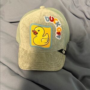 Gray/blue goorin bros hat with Duck Patch and Colorful Text